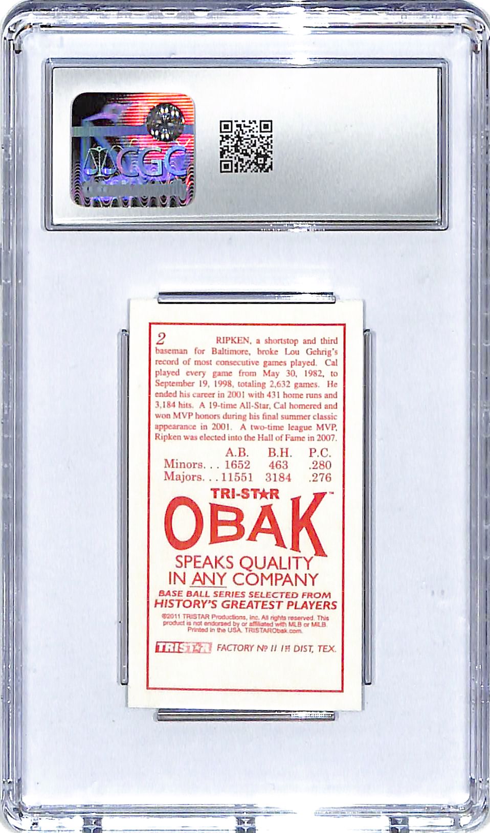 2011 Cal Ripken Jr. TRISTAR Obak T-212 Mini #2 CGC Gem Mint 10
