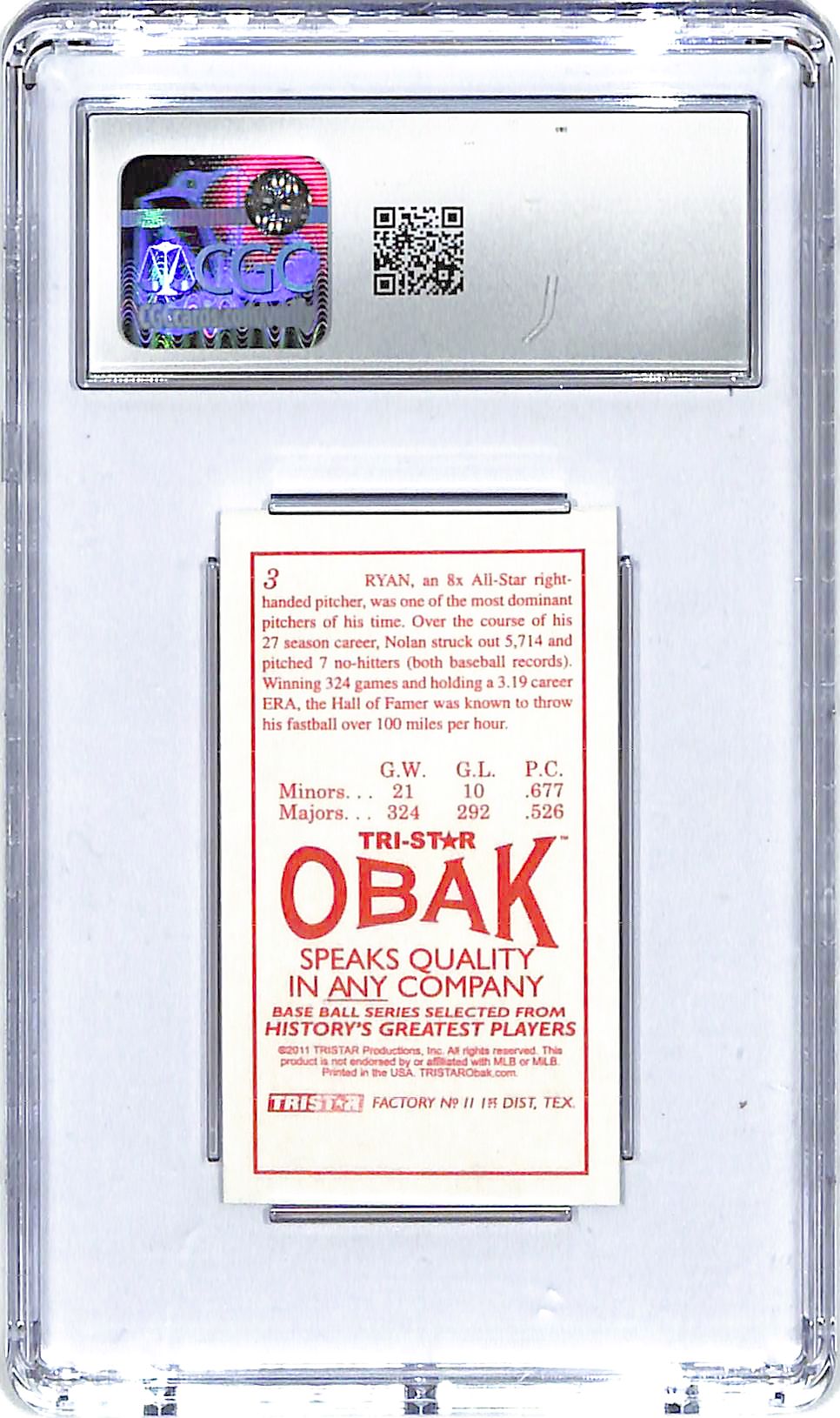 2011 Nolan Ryan TRISTAR Obak T-212 Mini #3 CGC Gem Mint 10