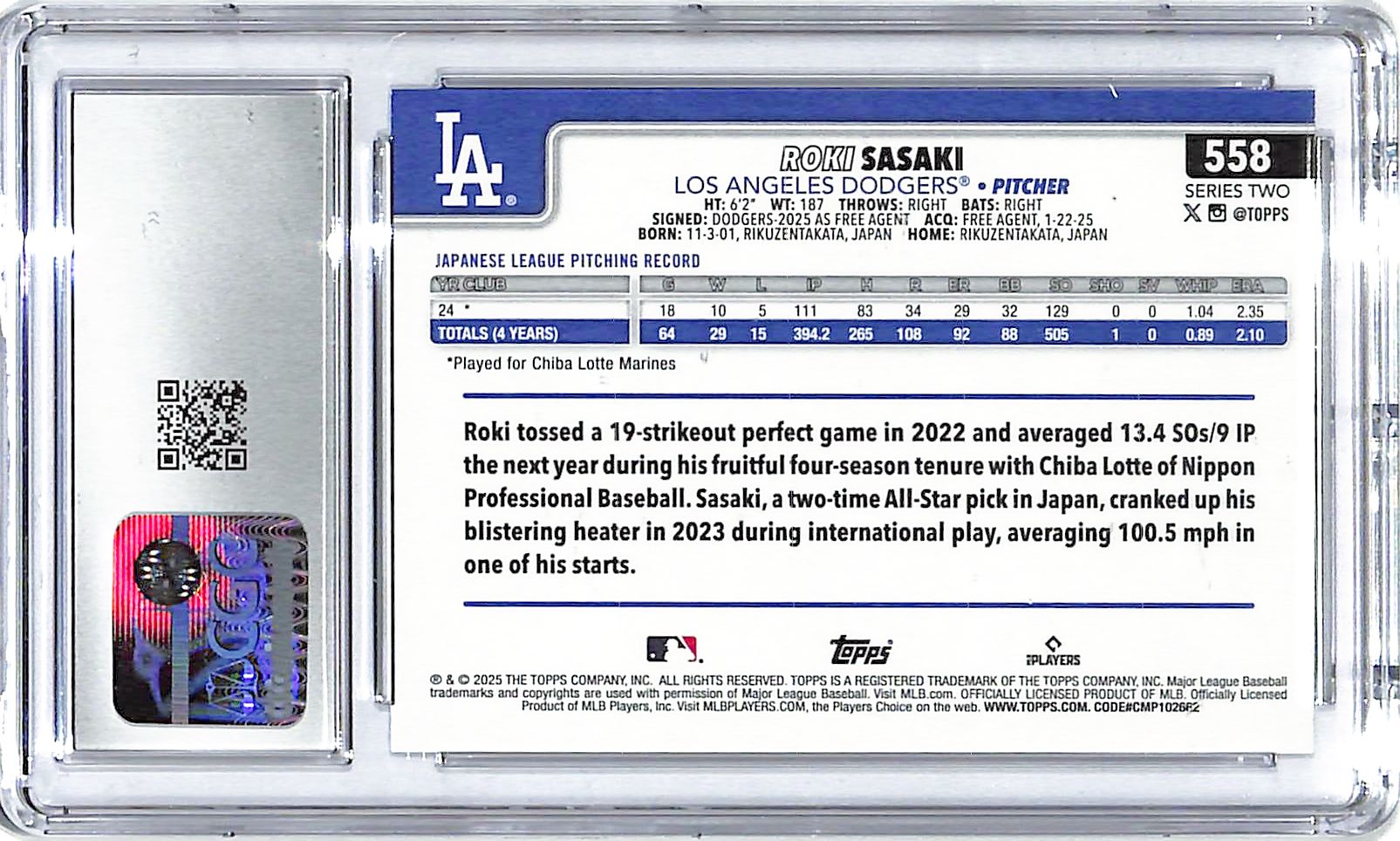 2025 Roki Sasaki Topps Rainbow Foil (RC) #558 CGC Gem Mint 10