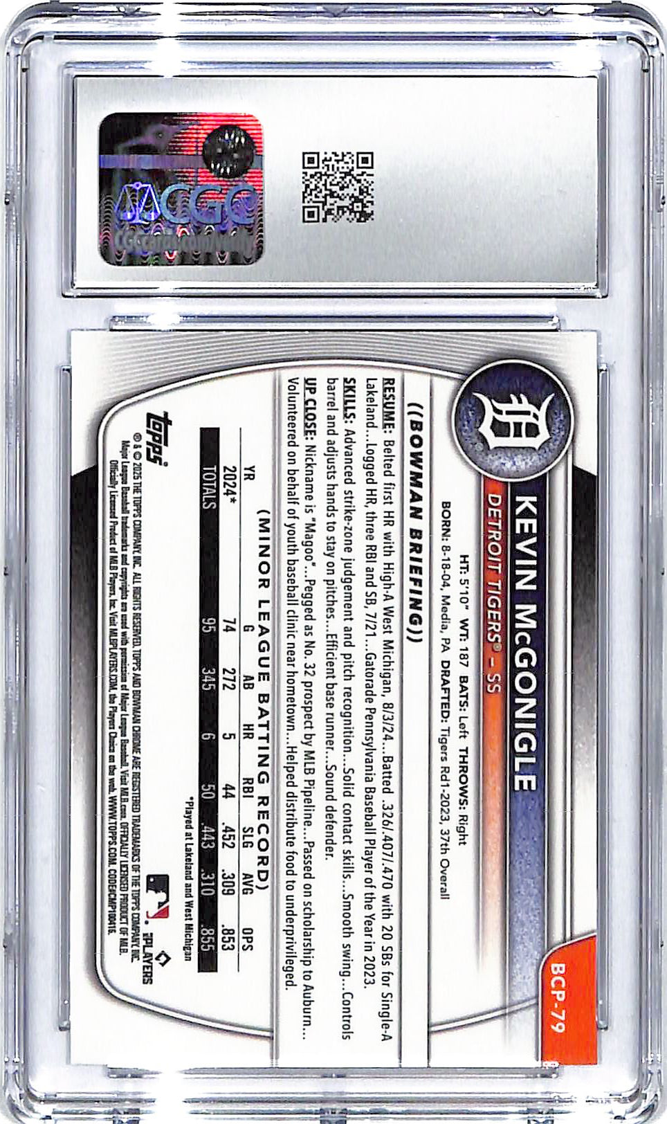 2025 Kevin McGonigle Bowman Chrome Prospects #BCP-79 CGC Gem Mint 10