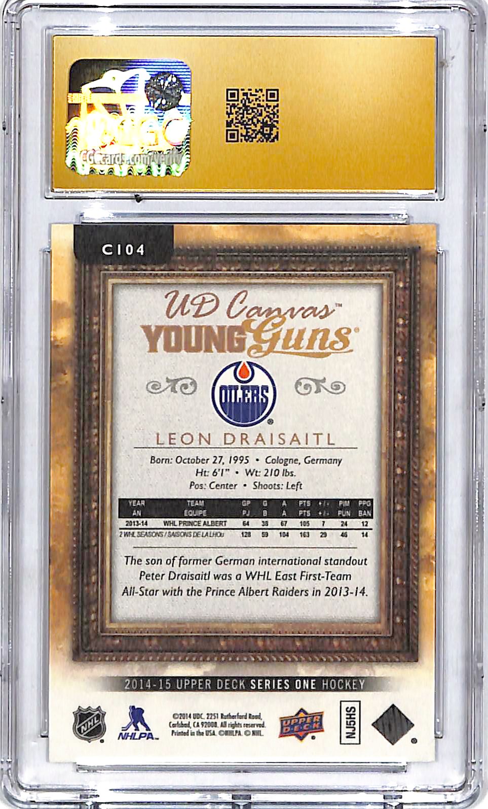 2014-15 Upper Deck Leon Draisaitl Young Guns Canvas Rookie RC CGC 10 Pristine Oilers