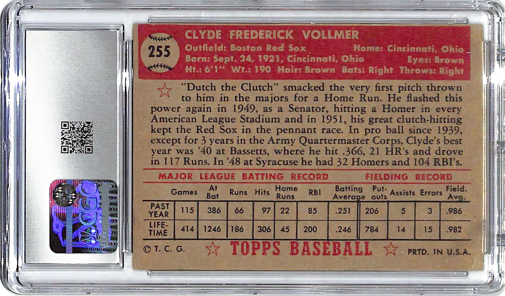 1952 Clyde Vollmer Topps #255 CGC Very Good 3