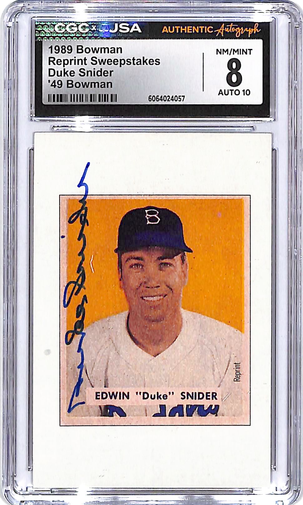 1989 Bowman Duke Snider Reprint Sweepstakes Auto Autograph CGC 8 Authentic Dodgers
