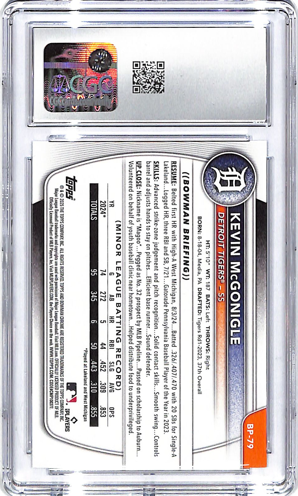 2025 Kevin McGonigle Bowman Prospects #BCP-79 CGC Gem Mint 10