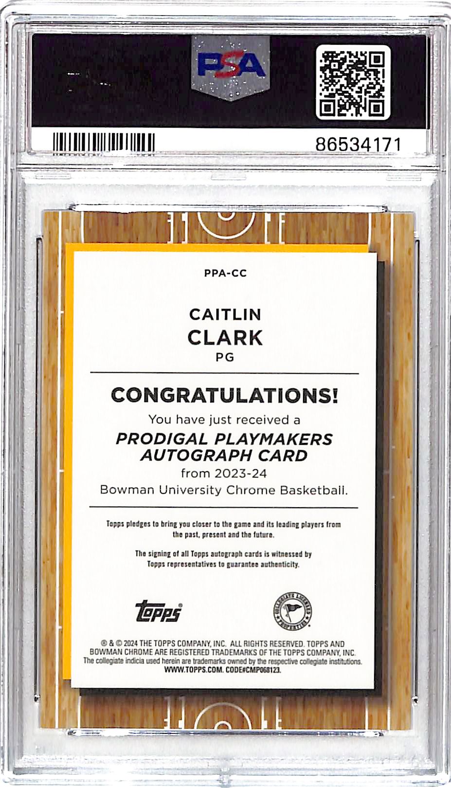 2023-24 Bowman Chrome University Caitlin Clark Auto Autograph Rookie RC PSA 10 Prodigal
