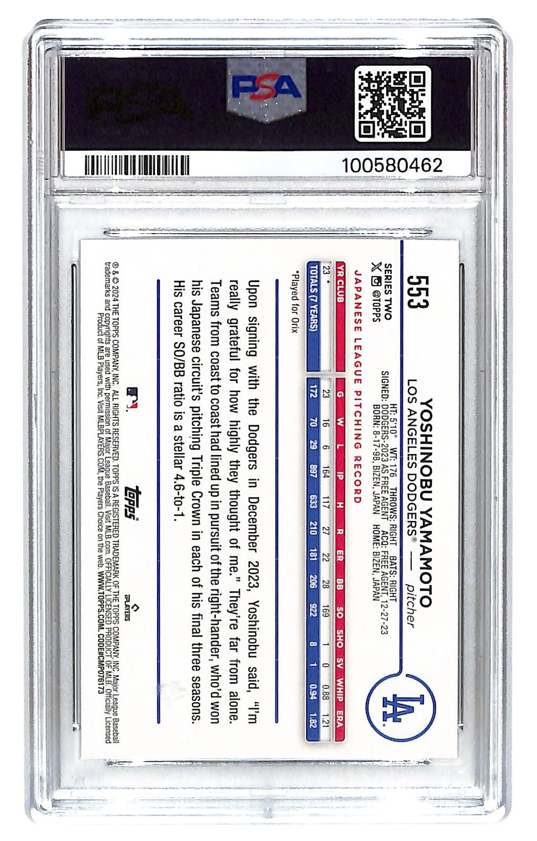 2024 Yoshinobu Yamamoto Topps 582 Monty #553 PSA Mint 9