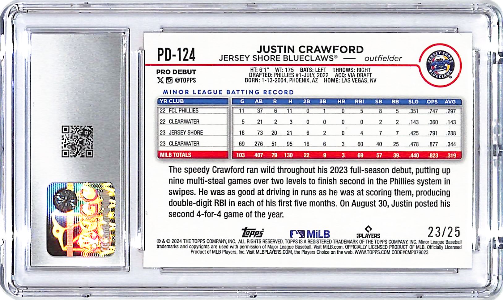 2024 Topps Pro Debut Justin Crawford Orange Foil /25 CGC 10 Phillies