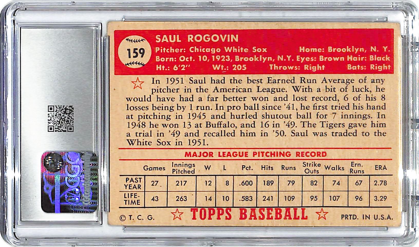 1952 Saul Rogovin Topps #10 CGC Very Good 4.5