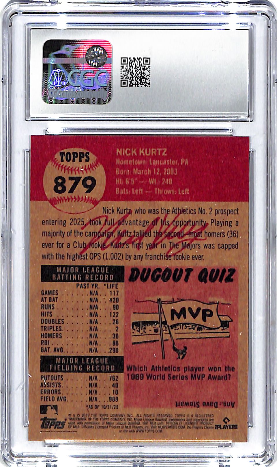 2025 Nick Kurtz Topps Living Set #879 CGC Gem Mint 10