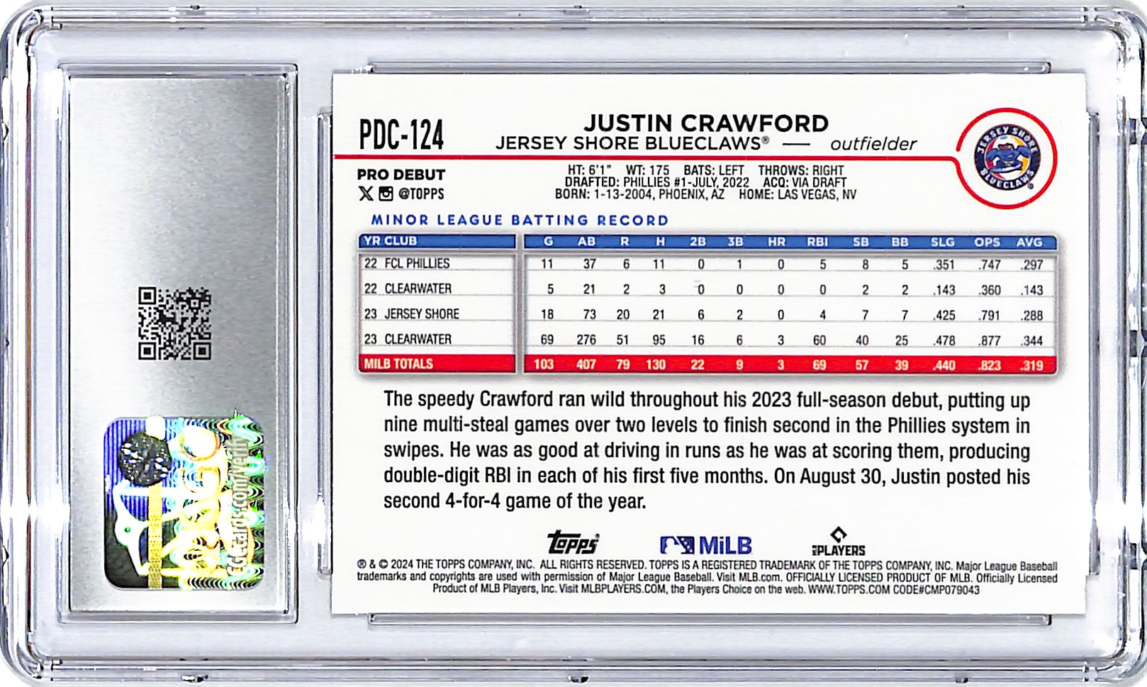 2024 Topps Pro Debut Chrome Justin Crawford Gold Refractor /50 CGC 10 Phillies