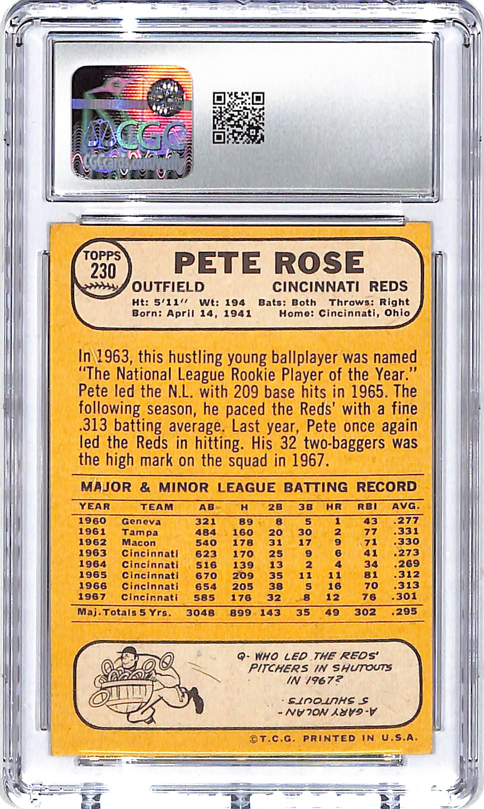 1968 Pete Rose Topps #230 CGC Excellent 6