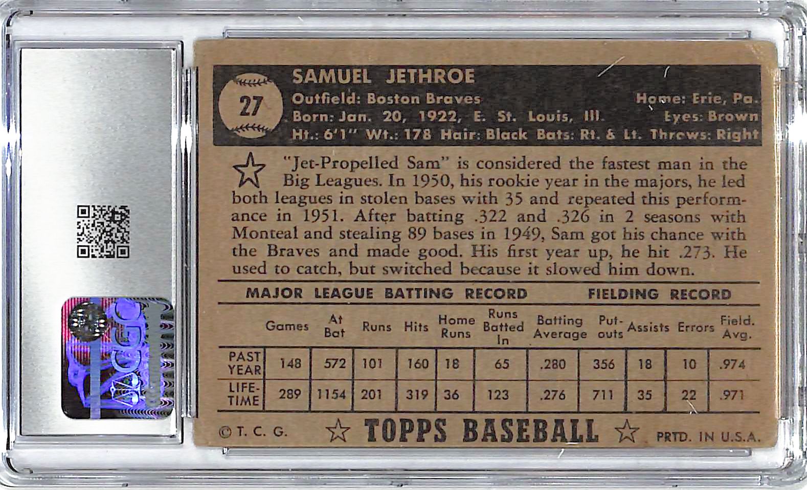 1952 Sam Jethroe Topps #27 CGC Very Good 3