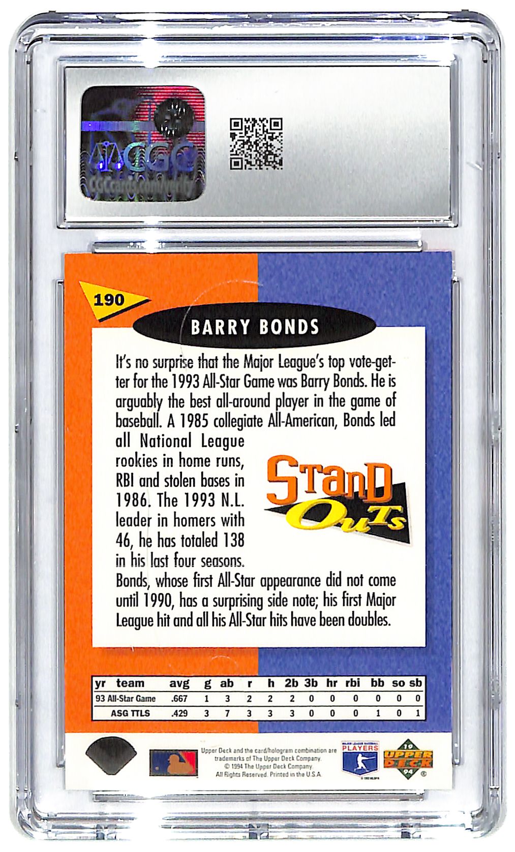 1994 Barry Bonds Upper Deck Fun Pack #190 CGC Mint Plus 9.5
