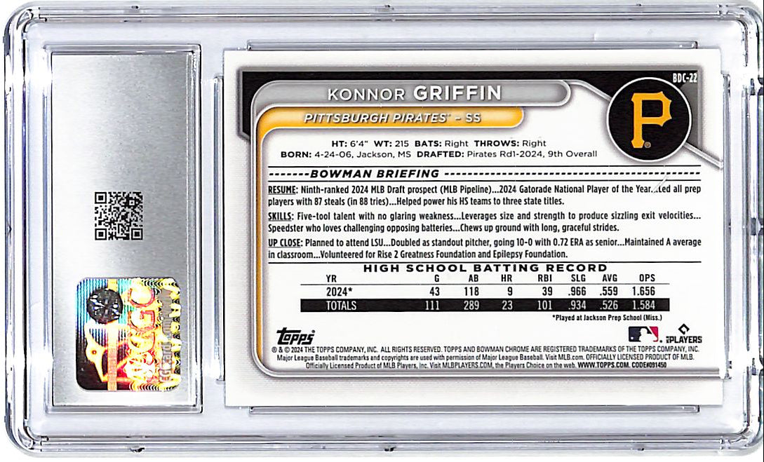 2024 Bowman Draft Chrome Konnor Griffin Rookie RC CGC 10 Pirates