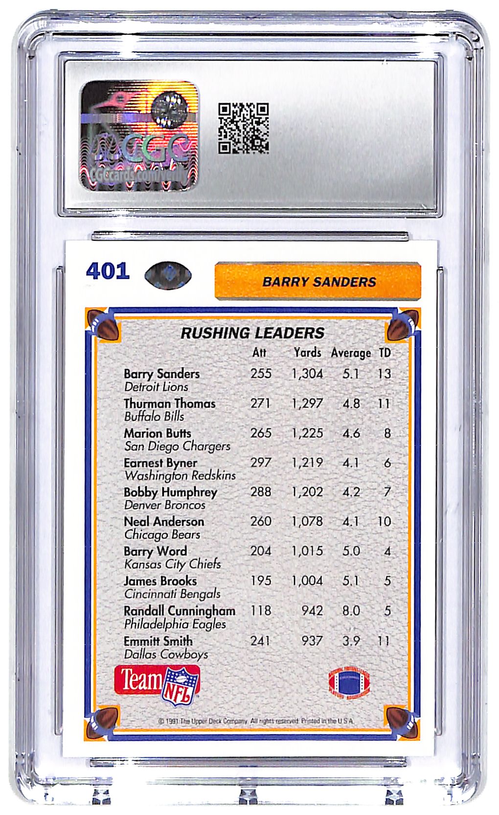 1991 Barry Sanders Upper Deck '92 Hologram Back #401 CGC Mint Plus 9.5
