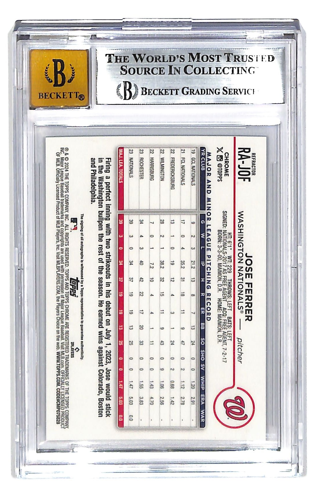 2024 Jose Ferrer Topps Chrome Update Autograph #RA-JOF BGS Mint 9 Auto 10