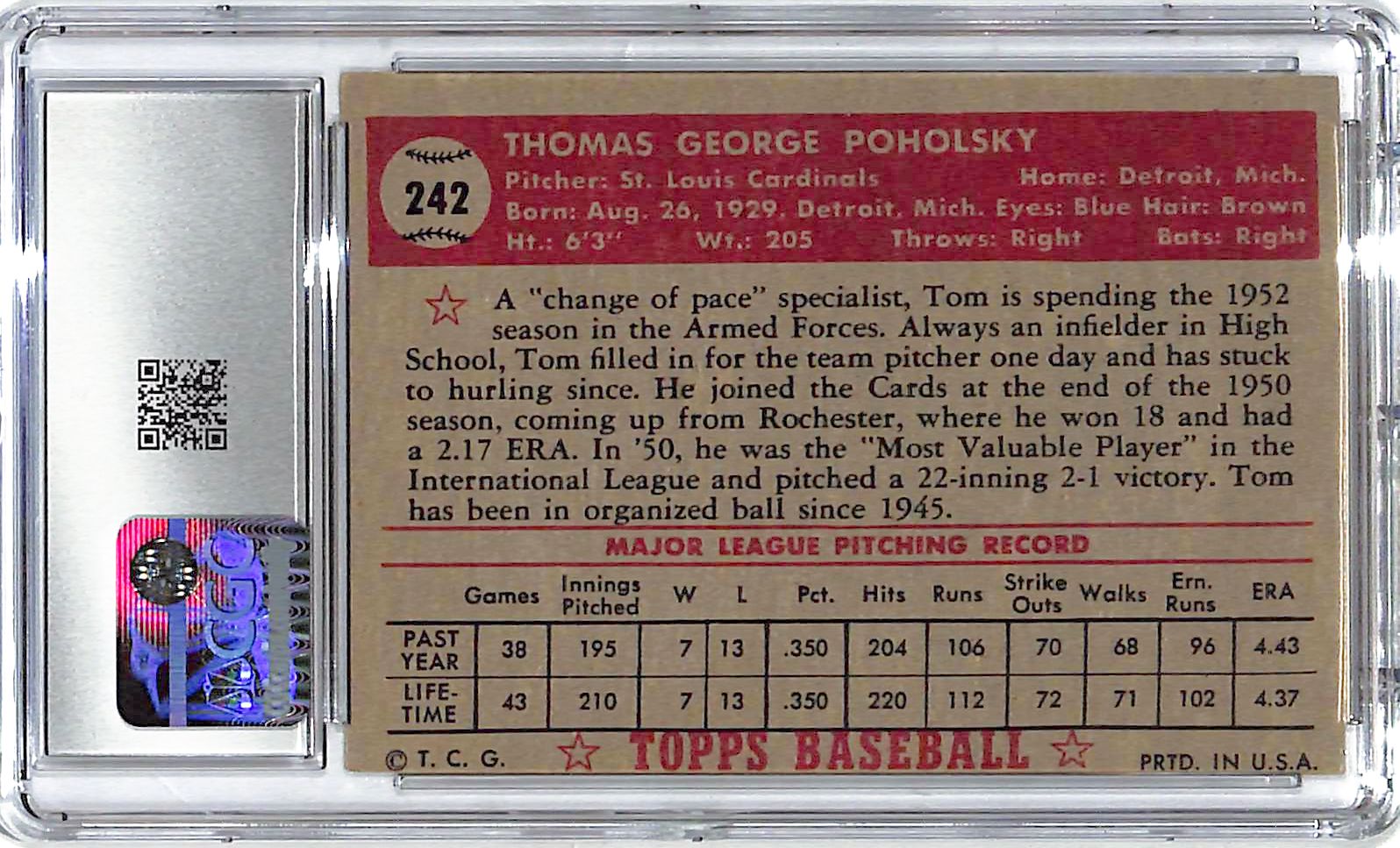 1952 Tom Poholsky Topps #242 CGC Very Good 4