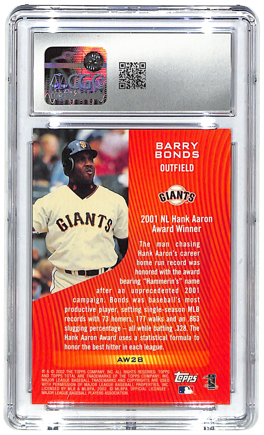 2002 Barry Bonds Topps Total Award Winners #AW28 CGC Mint Plus 9.5