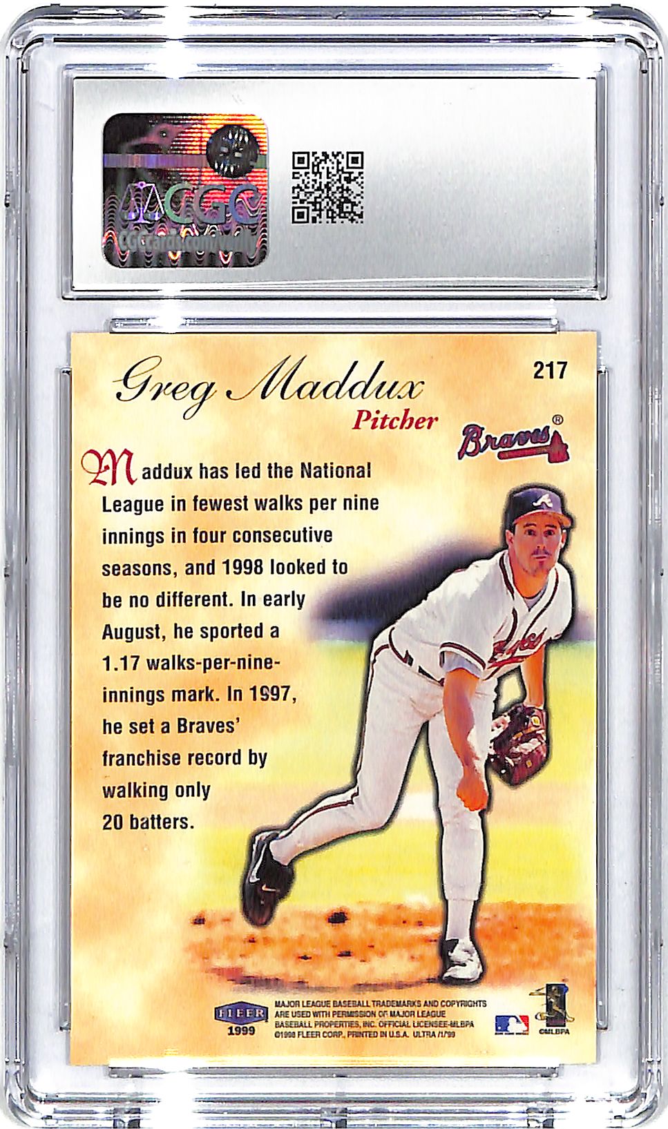 1999 Greg Maddux Fleer Ultra #217 CGC Gem Mint 10