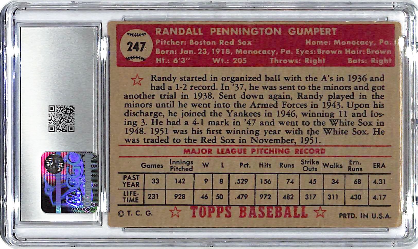 1952 Randy Gumpert Topps #247 CGC Very Good 3