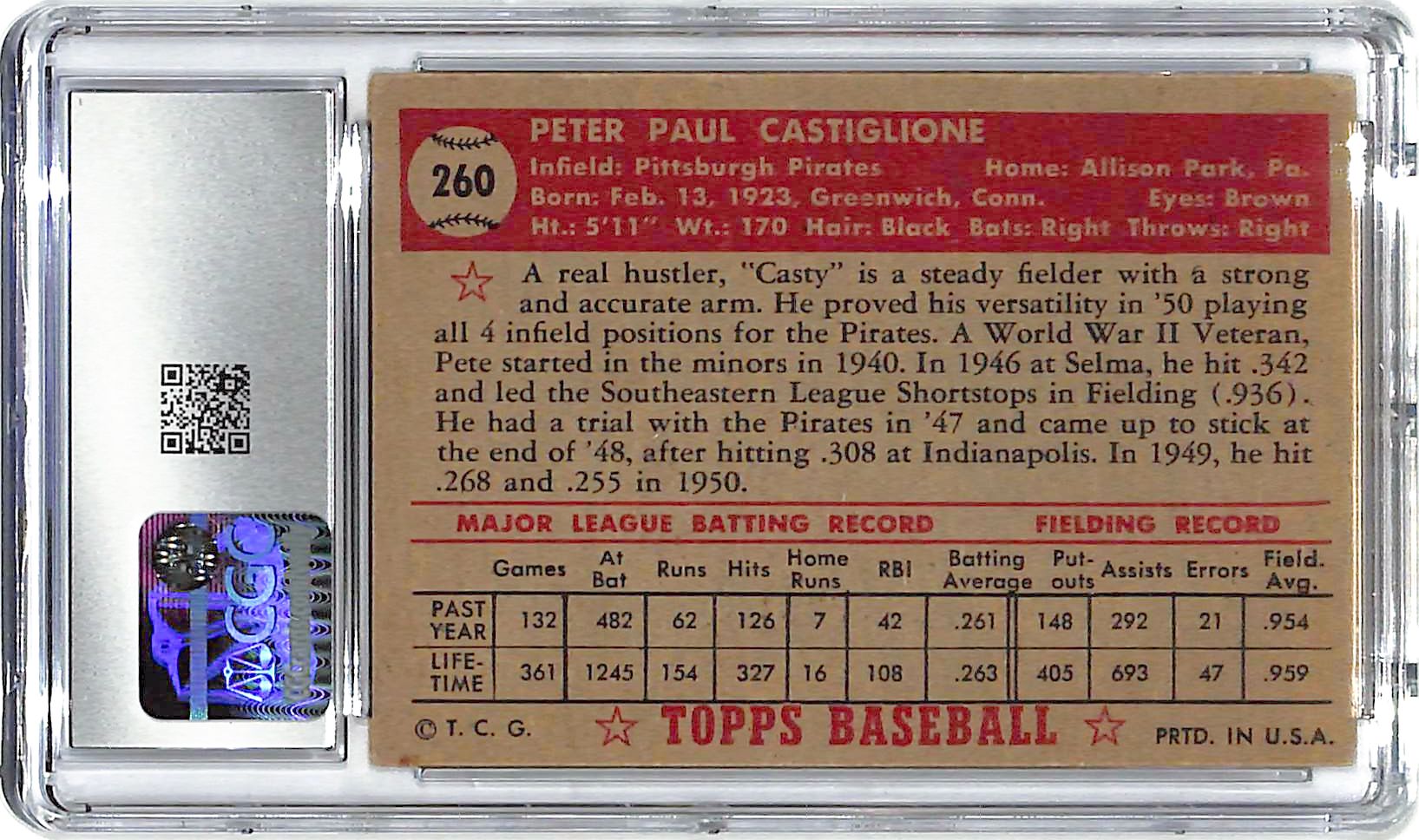 1952 Pete Castiglione Topps #260 CGC Very Good 4