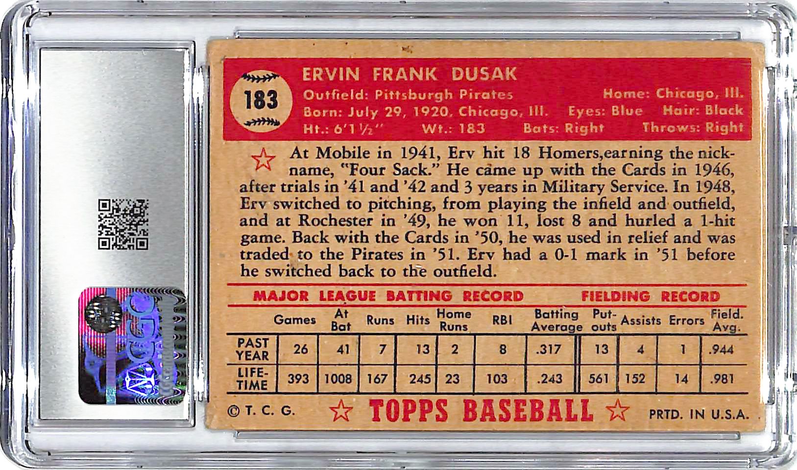 1952 Era Dusak Topps #183 CGC Very Good 4