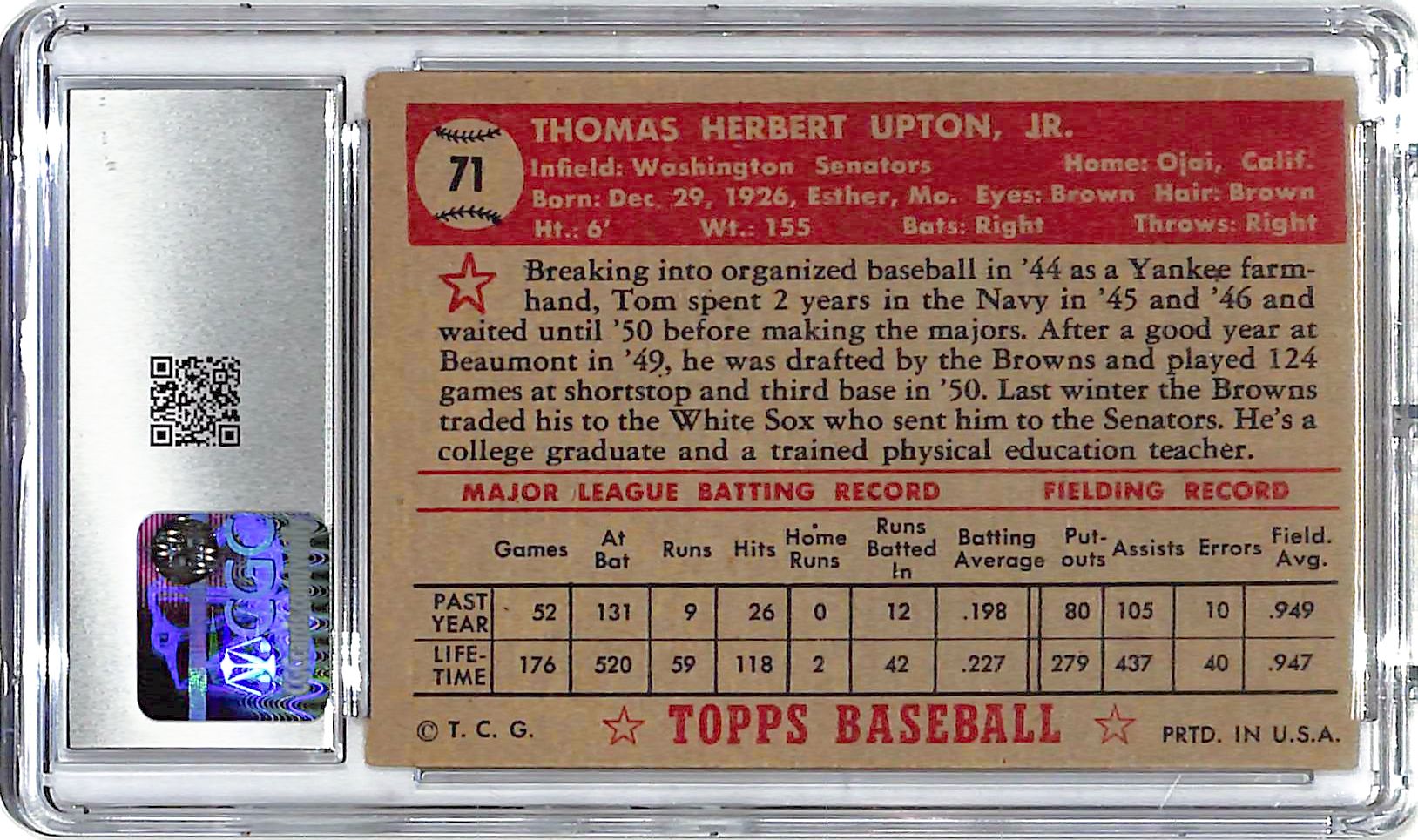 1952 Tom Upton Topps Red Back #71 CGC Very Good 3