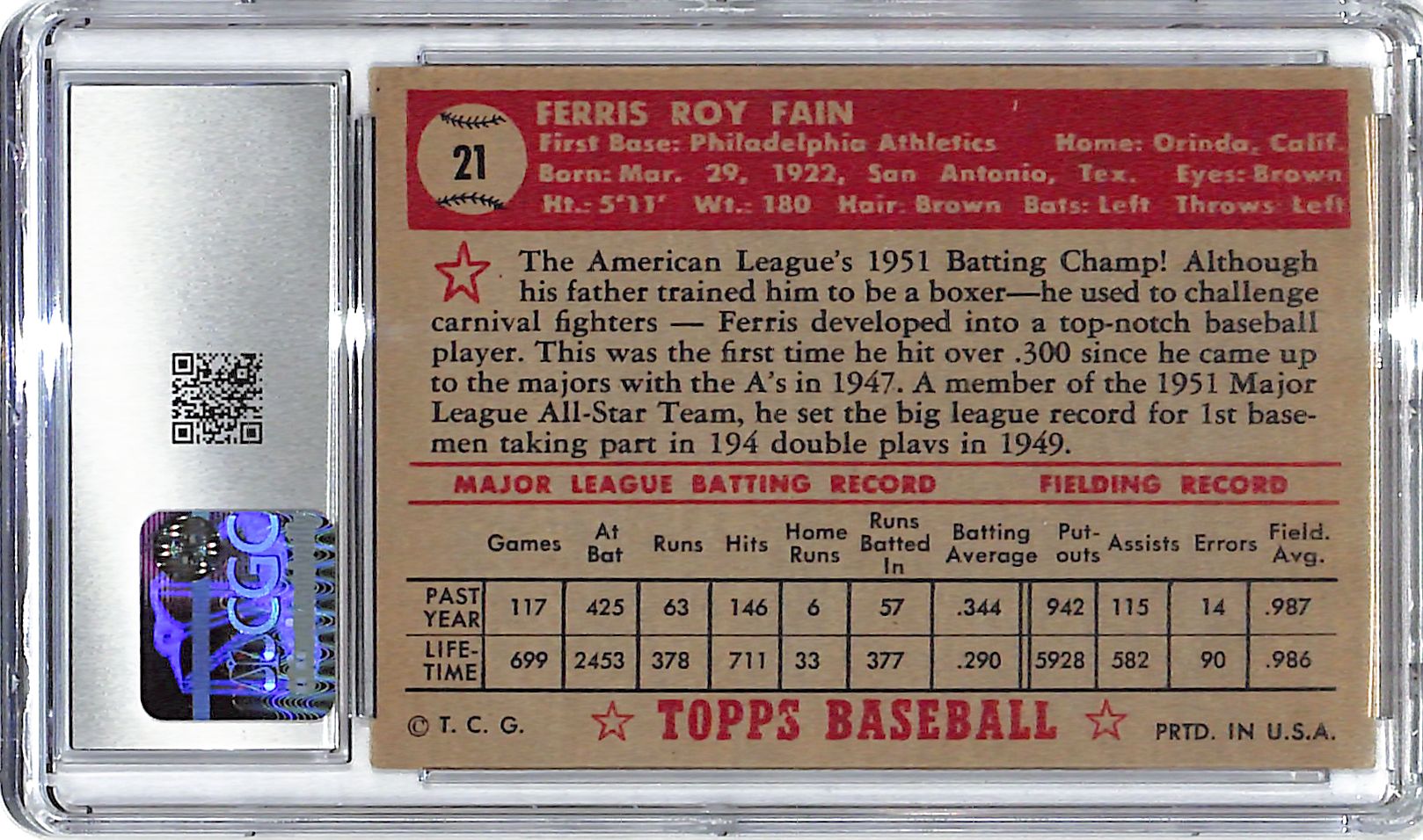1952 Ferris Fain Topps Red Back #21 CGC Very Good 4.5
