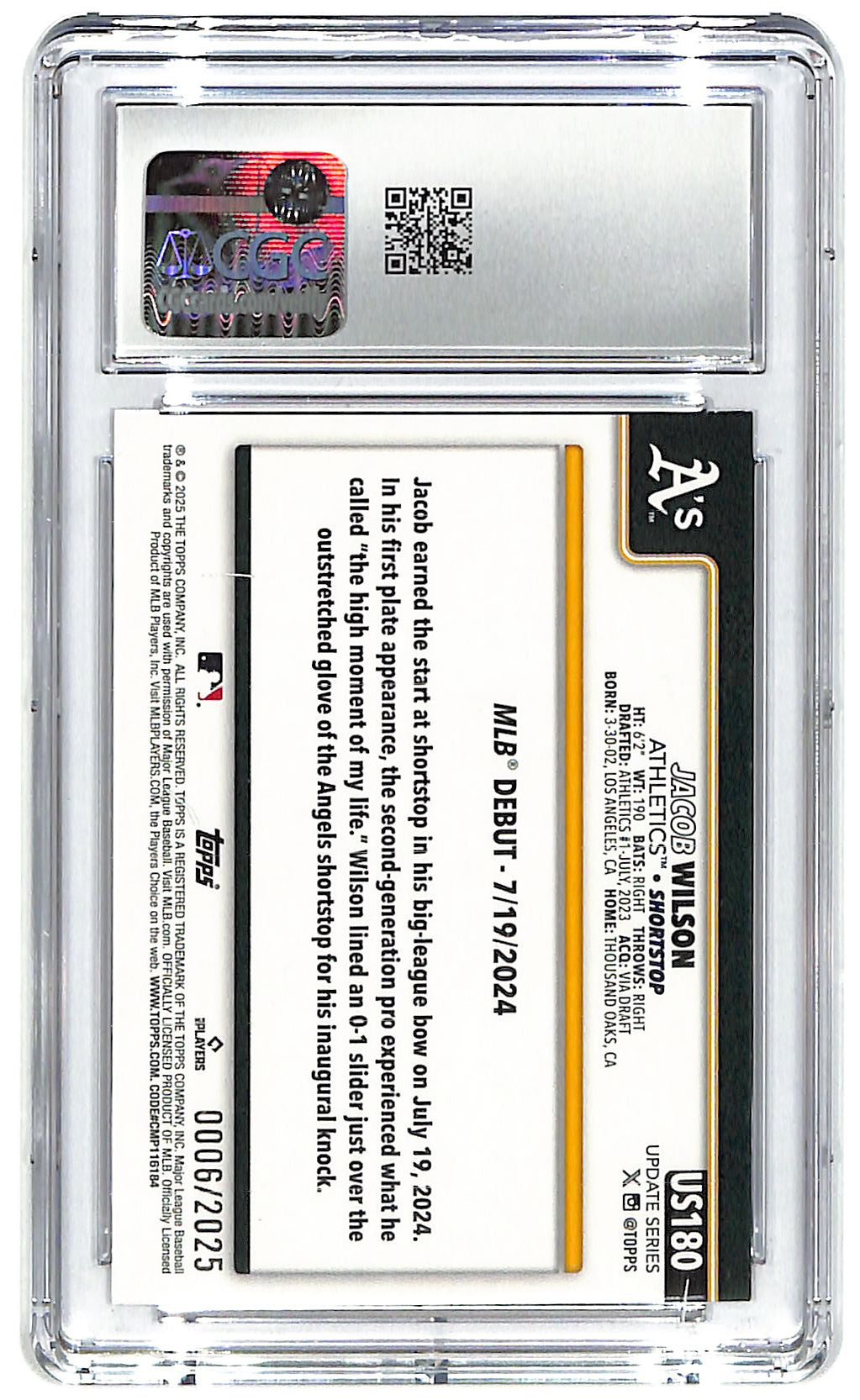 2025 Jacob Wilson Topps Update Gold #US180 CGC Mint 9 (RC)