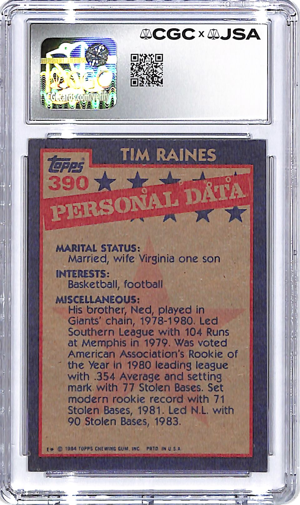 1984 Topps Tim Raines All Star Auto Autograph CGC 8 Authentic Expos
