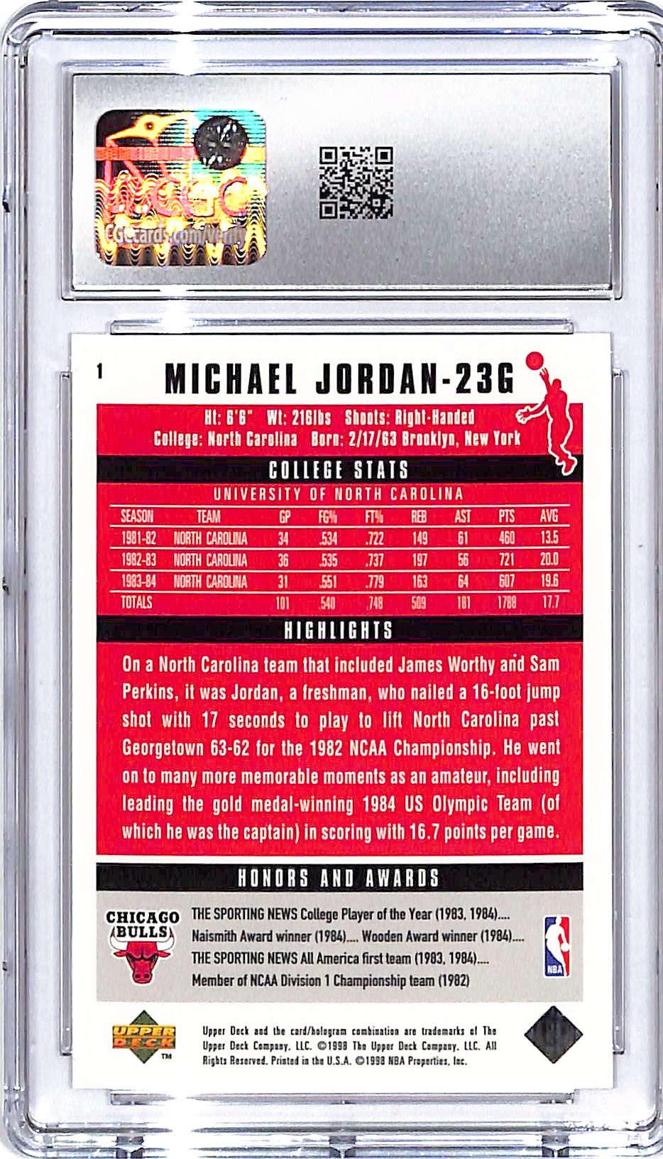 1998 Upper Deck MJ Career Collection Michael Jordan #1 CGC 10 Bulls
