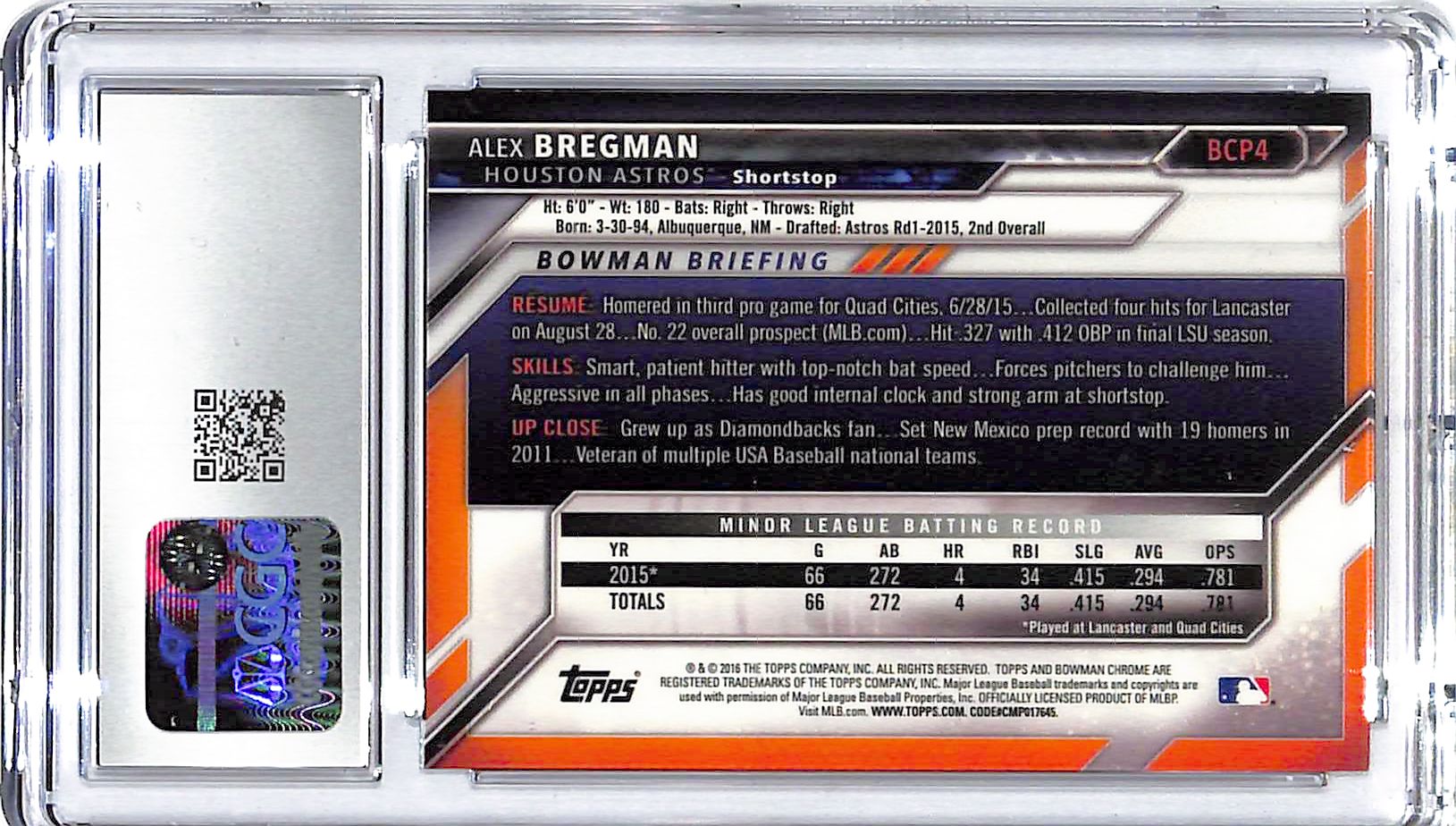 2016 Alex Bregman Bowman Chrome Prospects #BCP4 CGC Gem Mint 10