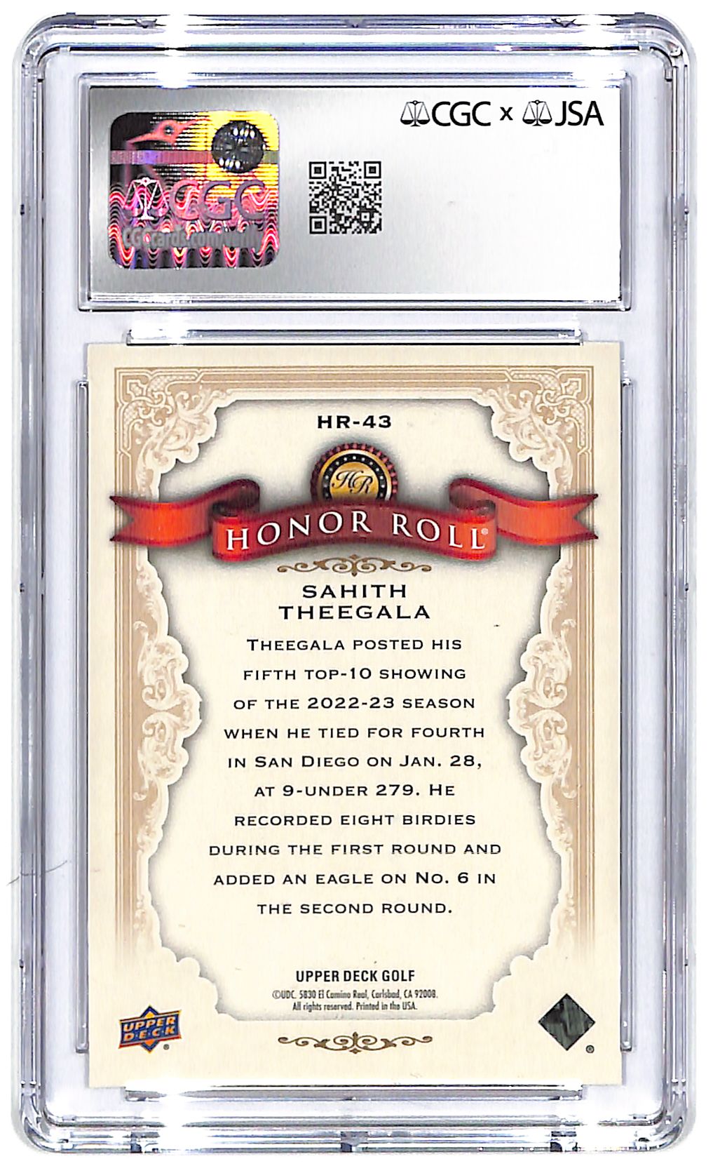 Signed 2024 UD Golf Sahith Theegala Honor Roll CGC 10/10 Auto