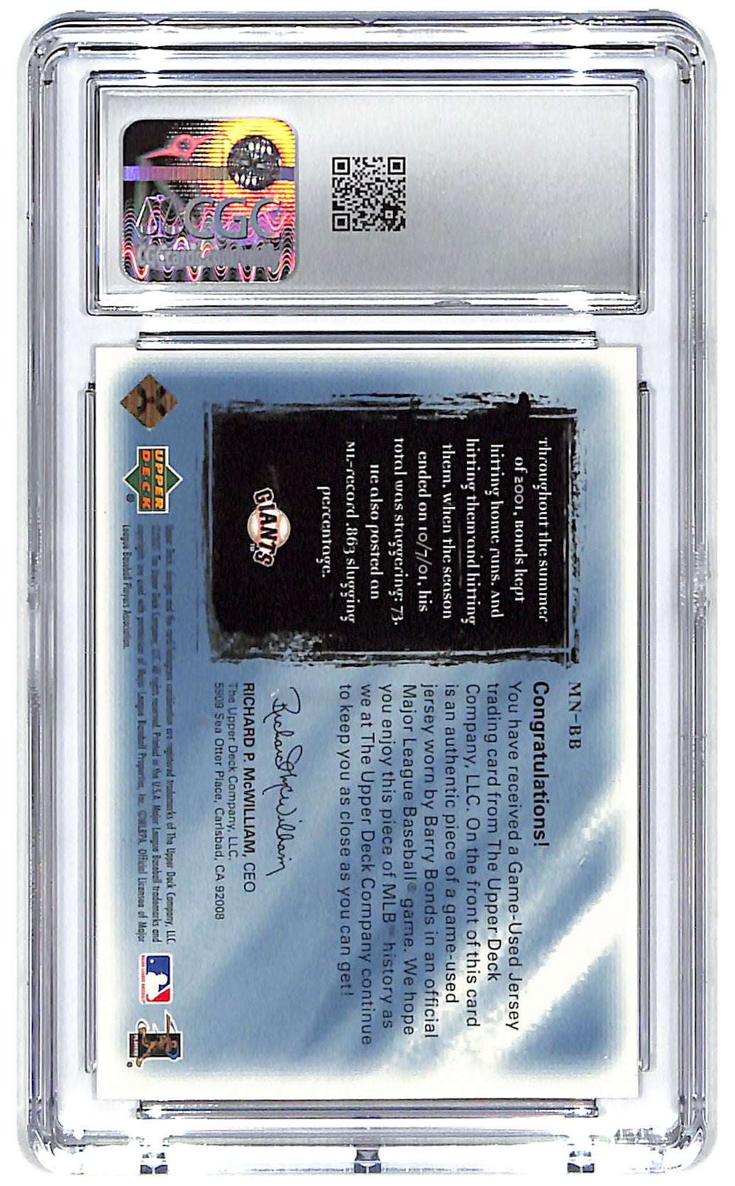 2001 Barry Bonds Upper Deck Ultimate Collection #MN-BB CGC Mint 9