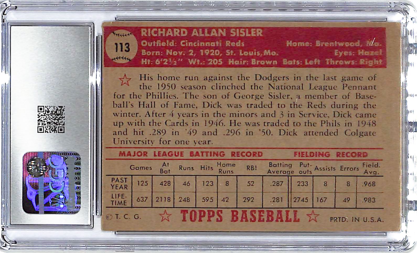 1952 Dick Sisler Topps #113 CGC Very Good 3.5