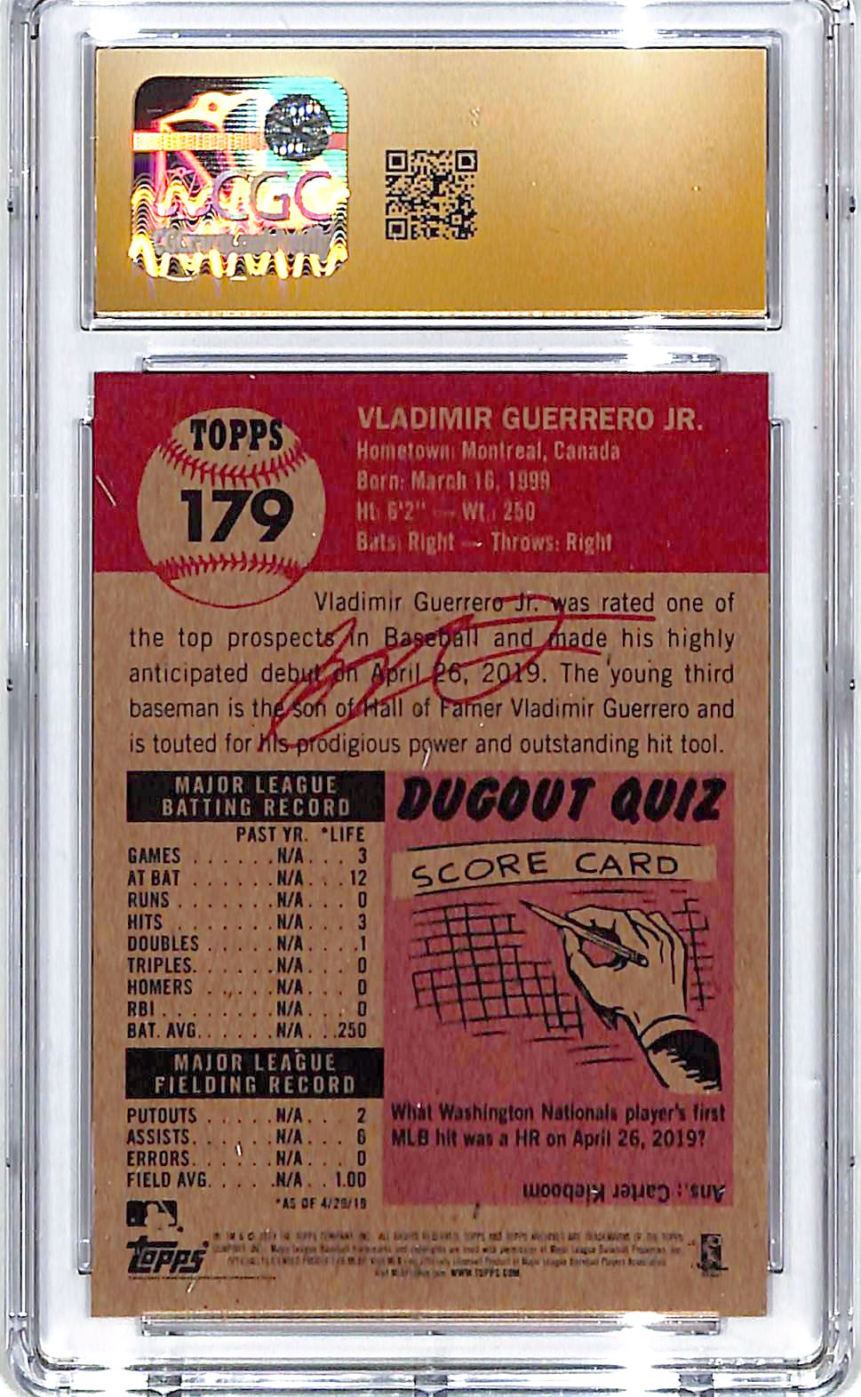 2019 Topps Living Set Vladimir Guerrero Jr Rookie RC #179 CGC 10 Pristine Blue Jays
