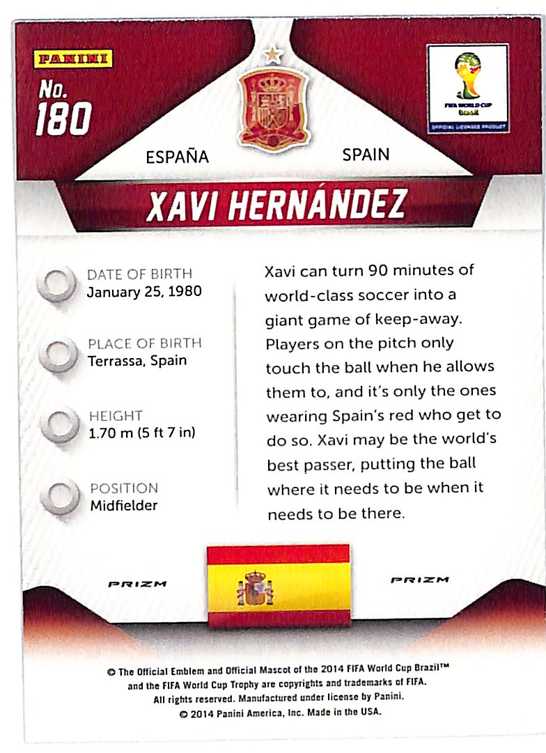 2014 Prizm World Cup Xavi Hernandez Silver Prizm #180 Spain