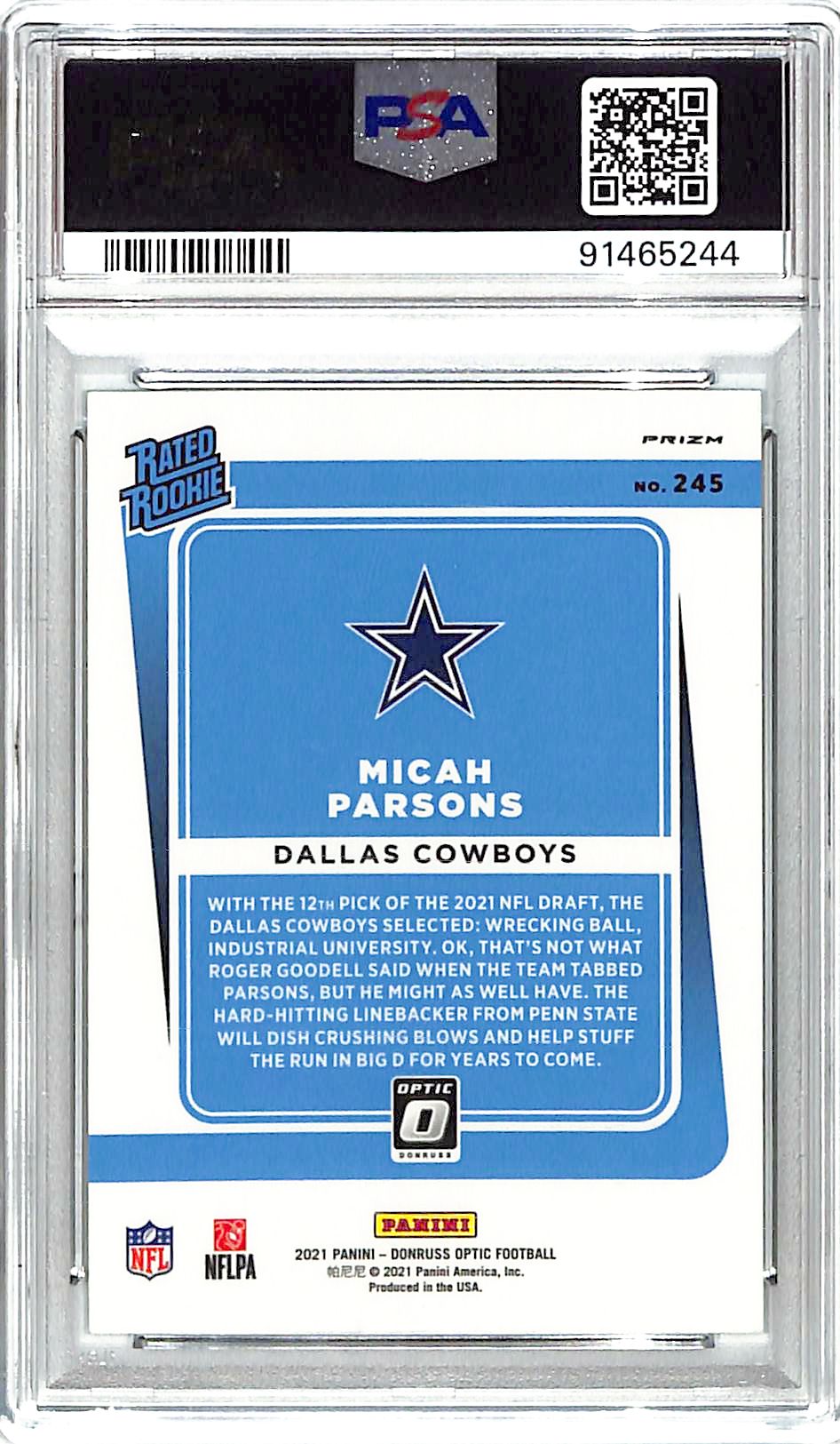 2021 Donruss Optic Micah Parsons Rookie Green Velocity #245 PSA 10 Cowboys