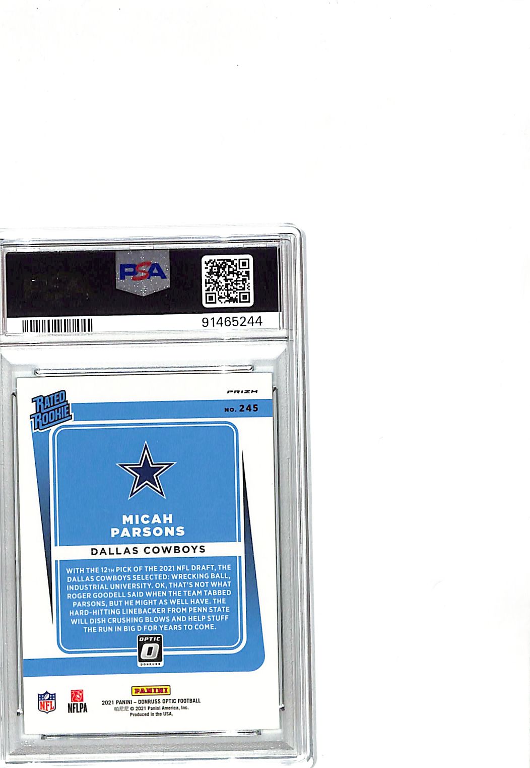 2021 Donruss Optic Micah Parsons Rookie Green Velocity #245 PSA 10 Cowboys