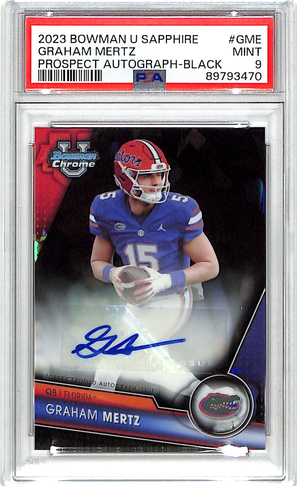 2023 Bowman Chrome University Sapphire Graham Mertz Auto Autograph Black /10 PSA 9