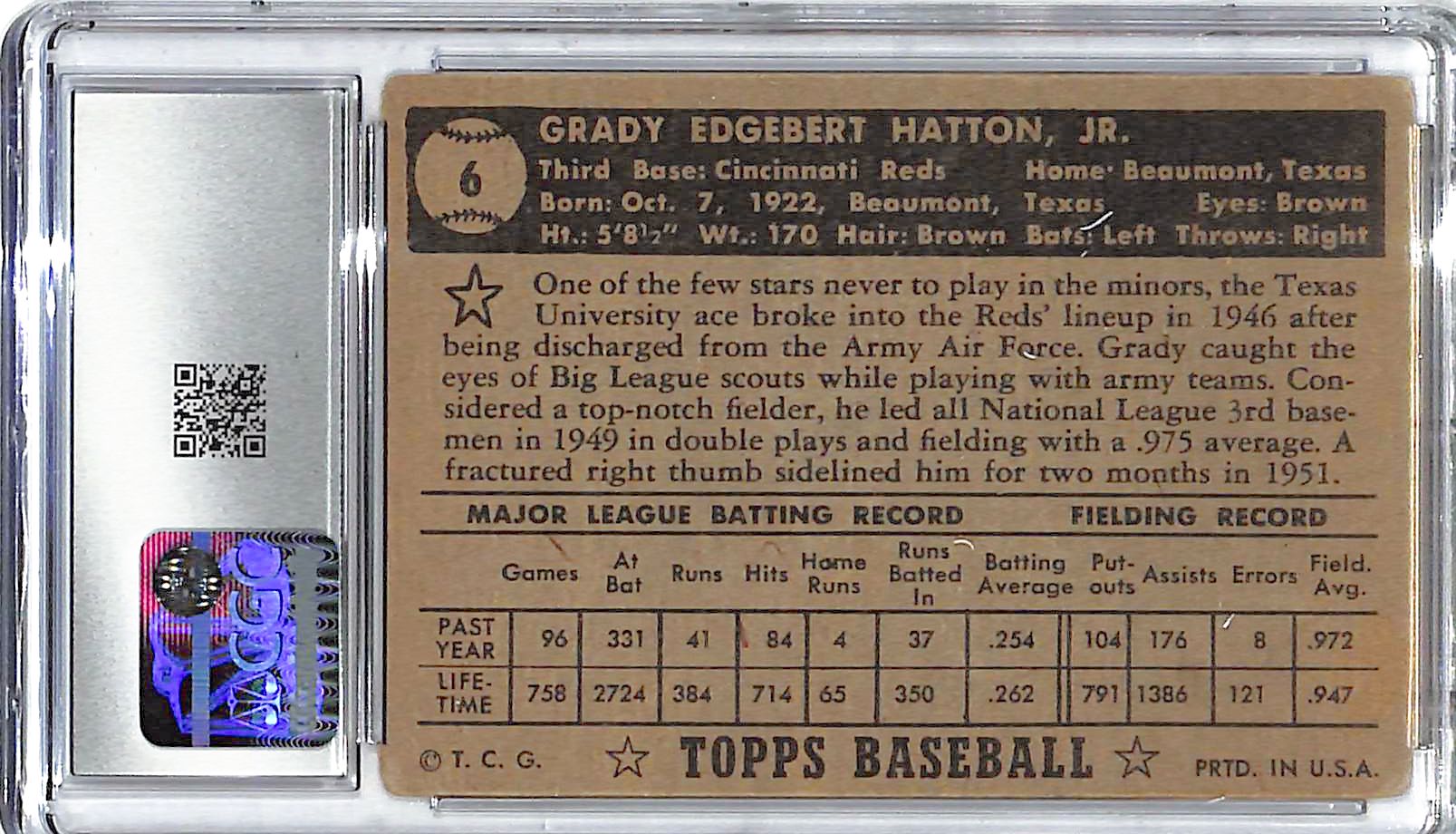 1952 Grady Hatton Topps #6 CGC Very Good 3