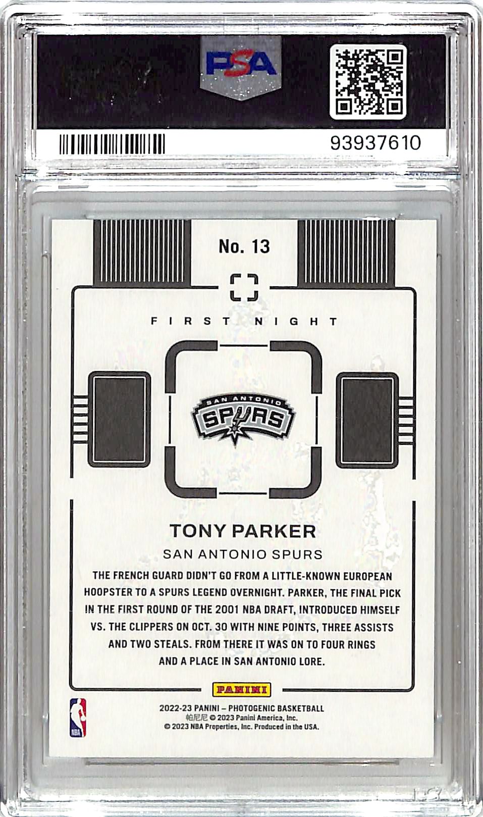 2022-23 Photogenic Tony Parker First Night #13 PSA 10 Spurs