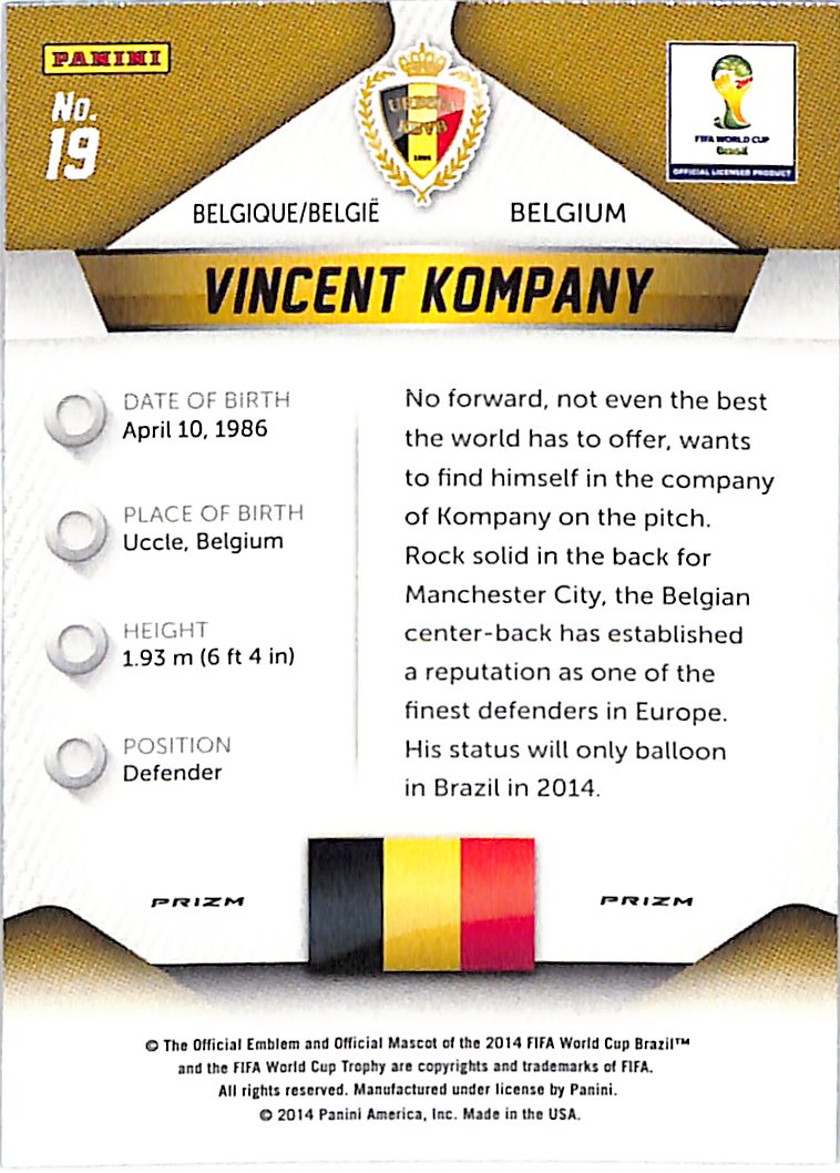2014 Prizm World Cup Vincent Kompany Red White Blue Power Plaid #19 Belgium