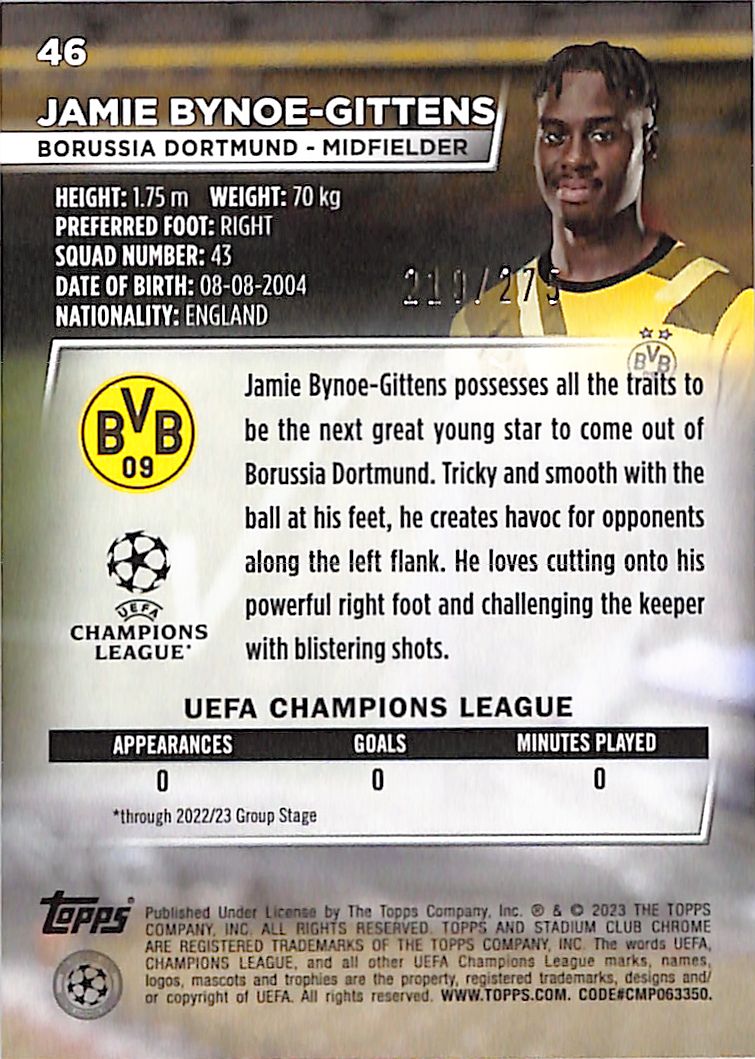2022-23 Topps Stadium Club Chrome UEFA Jamie Bynoe-Gittens Rookie RC Aqua Wave /275