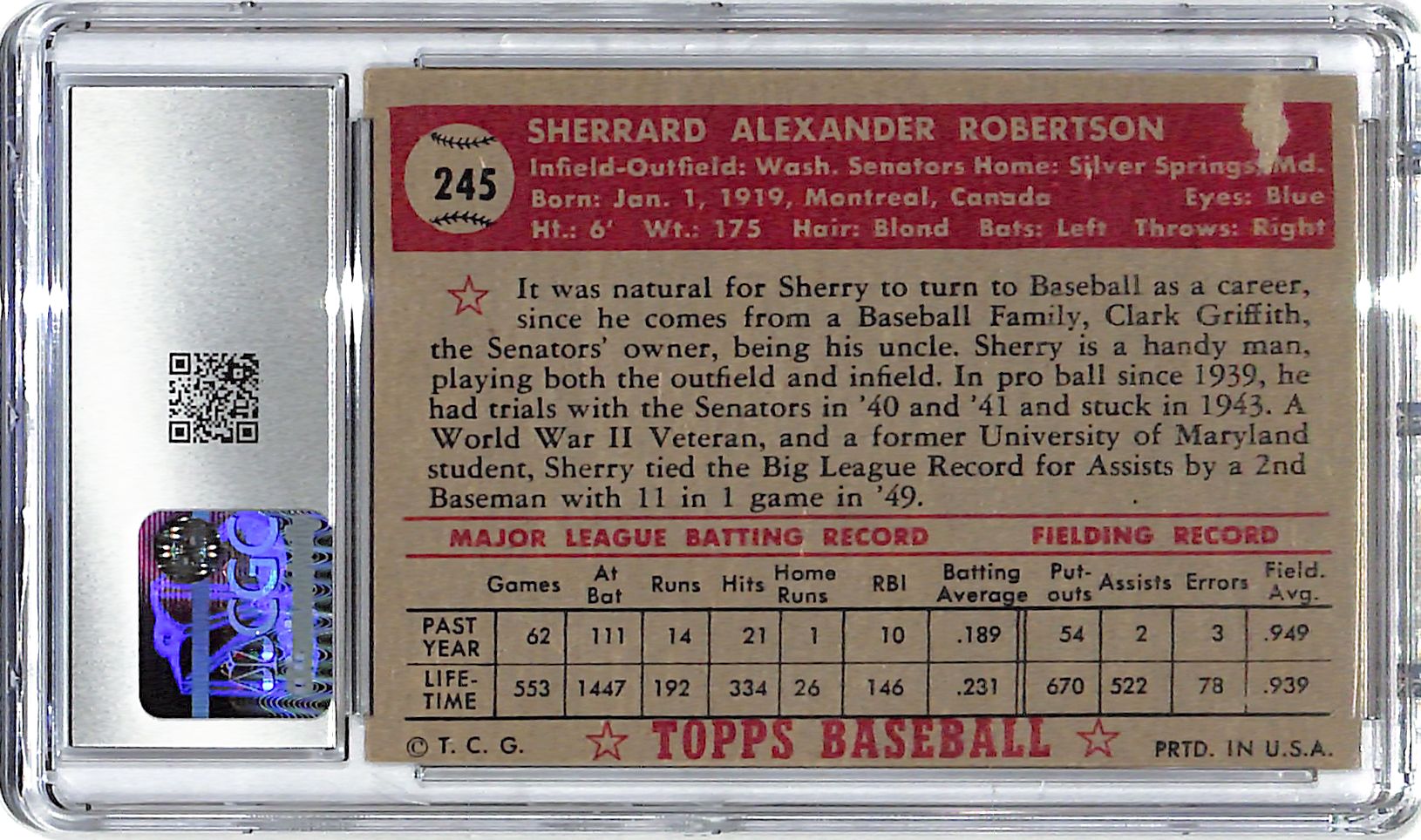 1952 Sherry Robertson Topps #245 CGC Very Good 3