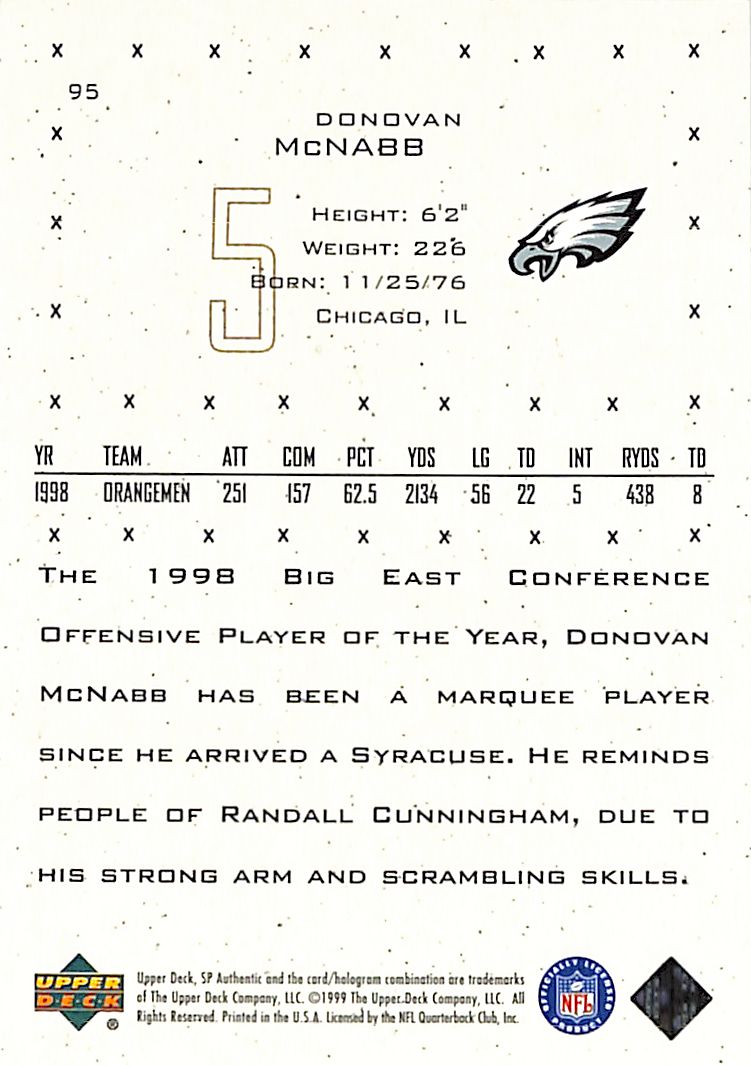 1999 Upper Deck Donovan McNabb Future Watch Rookie RC /1999 Eagles