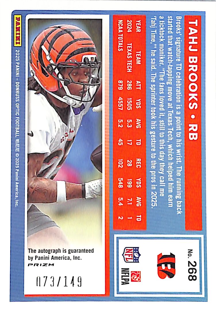 2025 Donruss Optic Tahj Brooks Auto Autograph Rated Rookie RC Blue /149 Bengals
