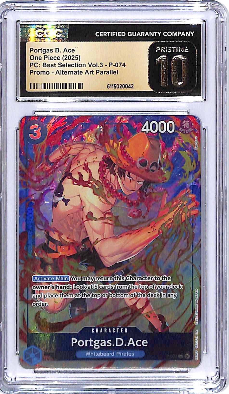 One Piece PC Best Selection Vol 3 Promo Portgas D Ace P-074 Alternate Art CGC 10 Pristine