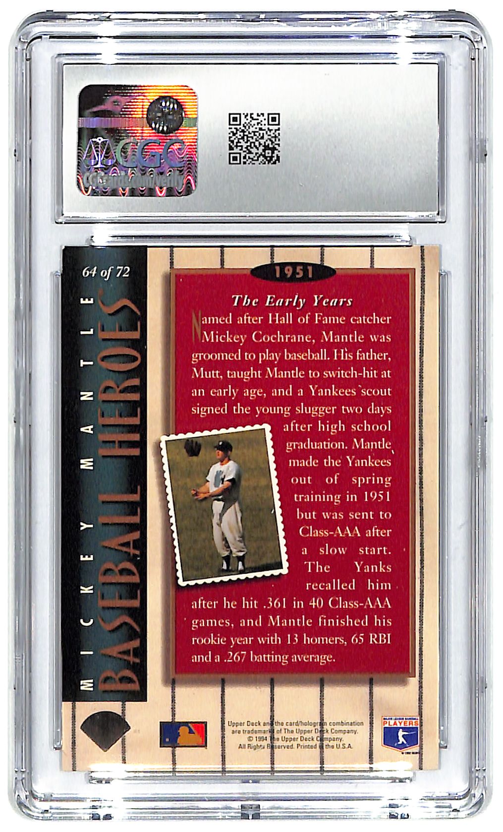1994 Mickey Mantle Upper Deck Mantle Heroes #64 CGC Mint 9