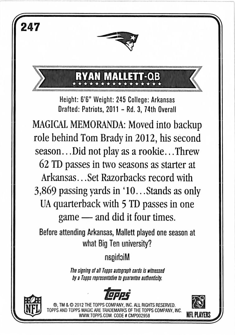 2012 Topps Magic Ryan Mallett Auto Autograph Patriots